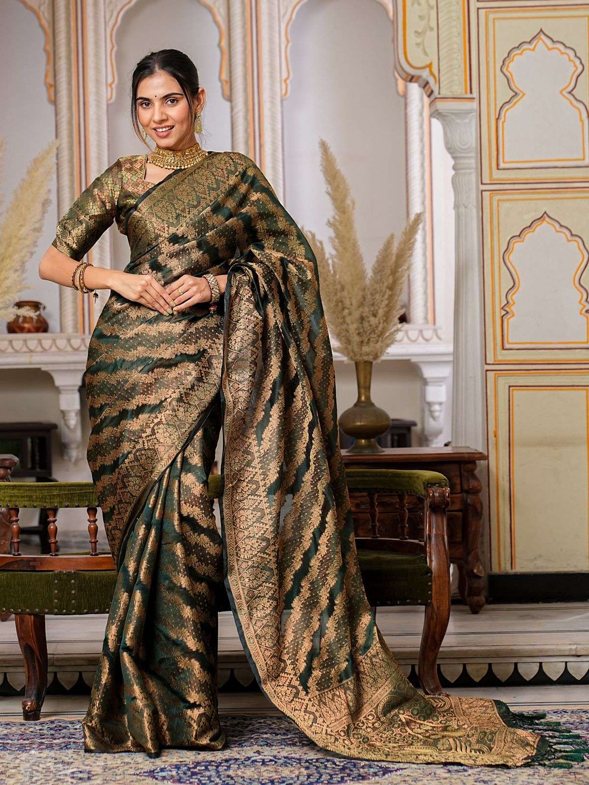 Dark Green Color Pure Organza Saree 